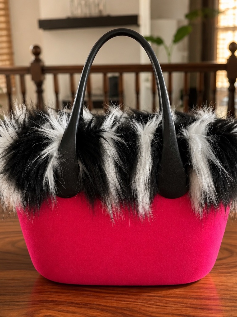 O bag Hot Pink Faux Fur Trim Handbag
Mini Classic 10x11  Purse